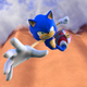 Sonic the Hedgehog leaps off a cliff and stretches his right arm out to catch something.